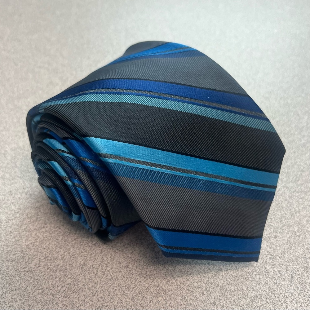 JF J. Ferrar Striped 100% Polyester Repp Tie Black Blue Grey Wedding Formal